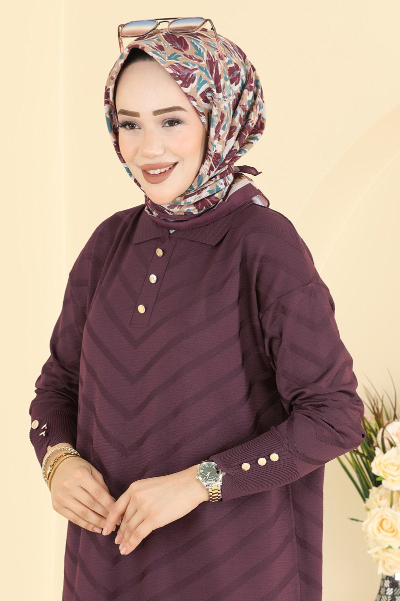 Button-Detail Mercerised Tunic - Plum
