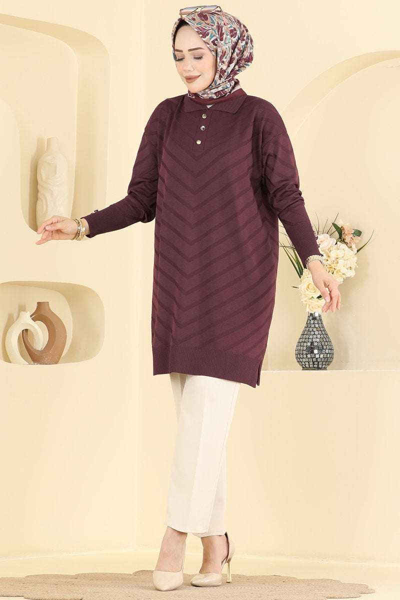 Button-Detail Mercerised Tunic - Plum