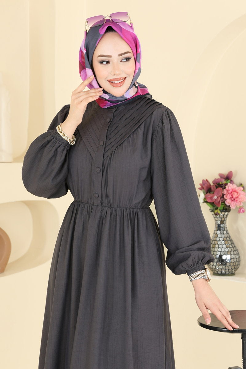 Woven Pintuck Dress with Buttons - Charcoal