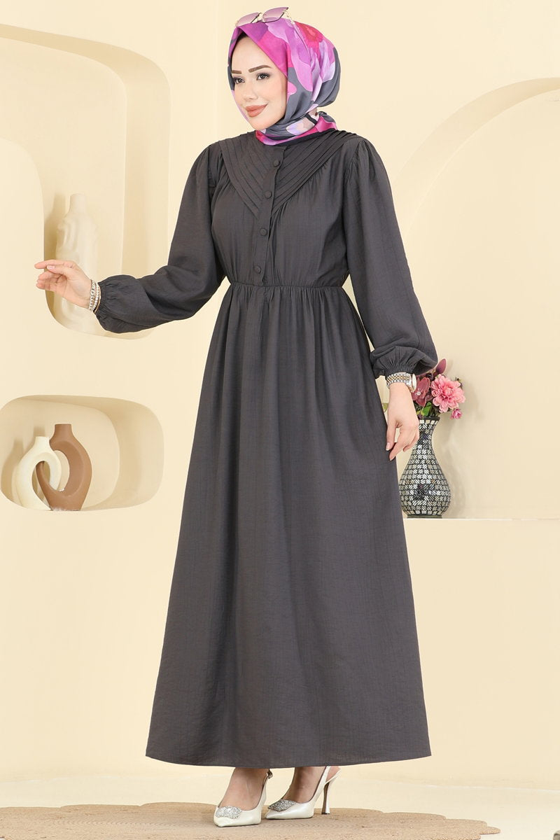 Woven Pintuck Dress with Buttons - Charcoal