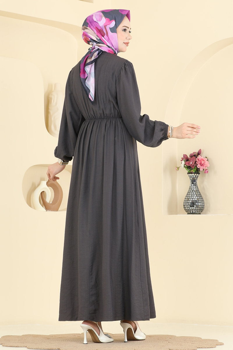 Woven Pintuck Dress with Buttons - Charcoal
