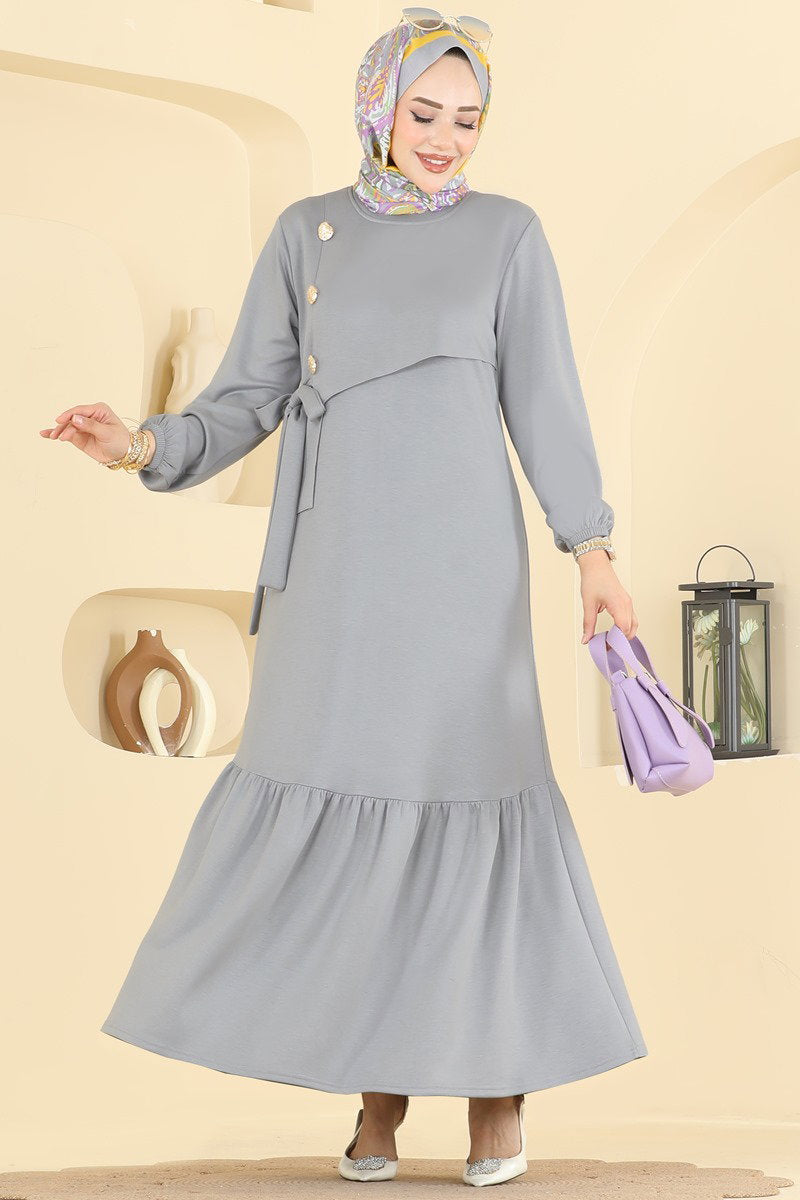 Elegant Modal Button Dress - Grey