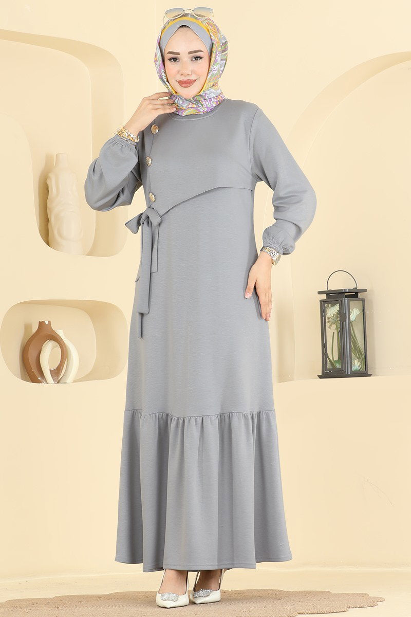 Elegant Modal Button Dress - Grey