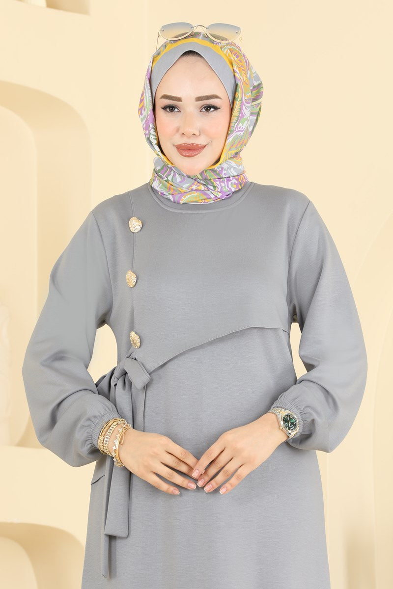 Elegant Modal Button Dress - Grey