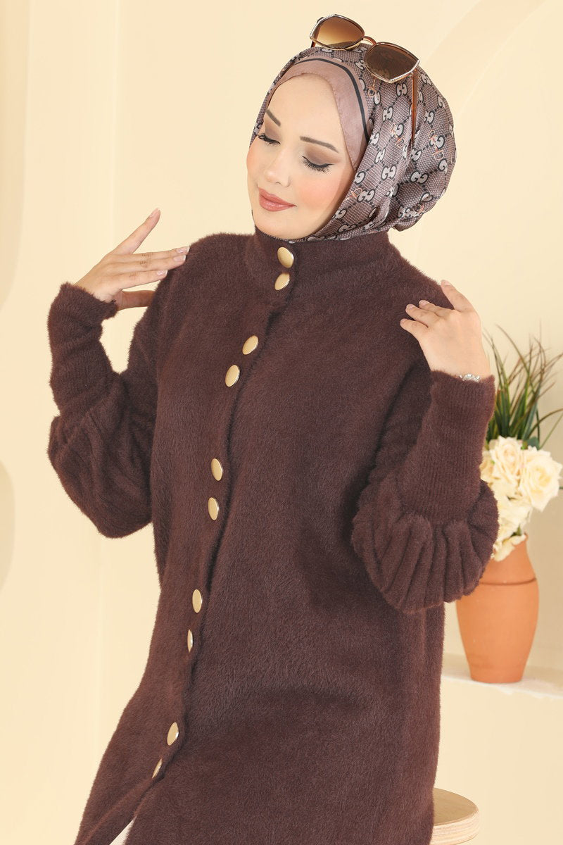 Knit Cardigan with Button Detail - Brown