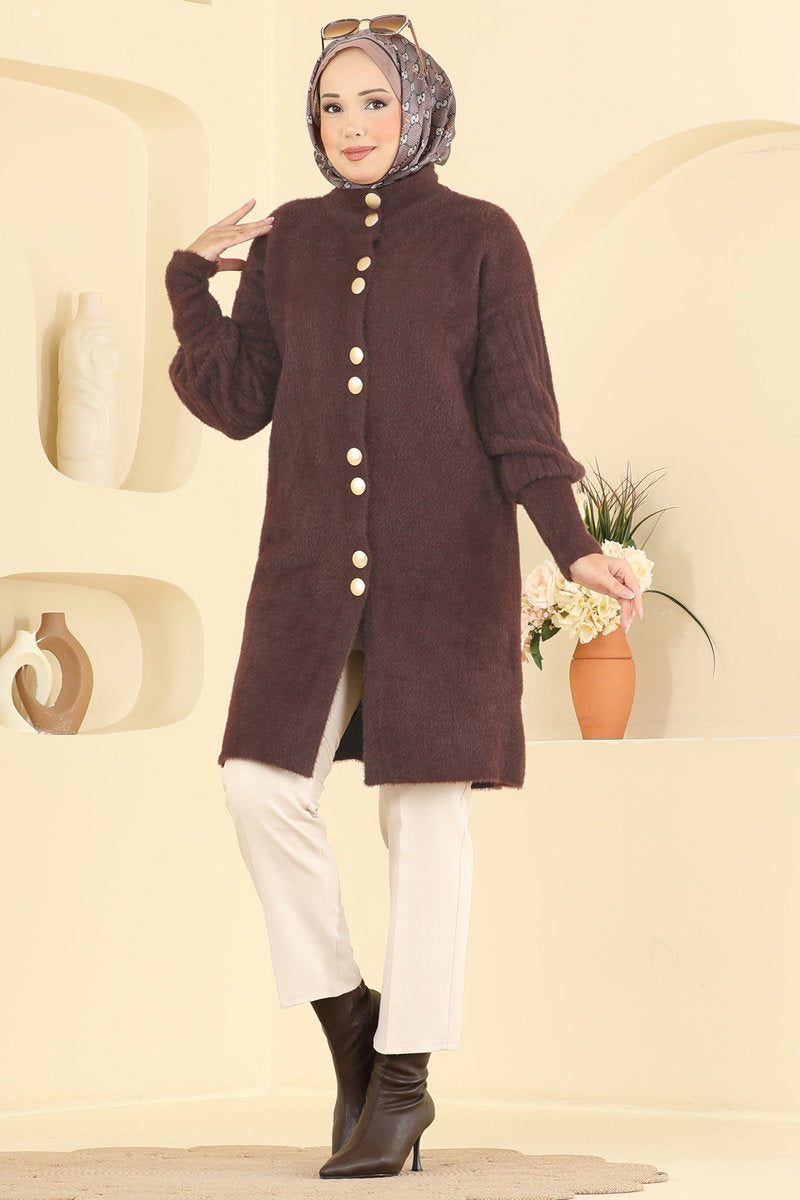 Knit Cardigan with Button Detail - Brown