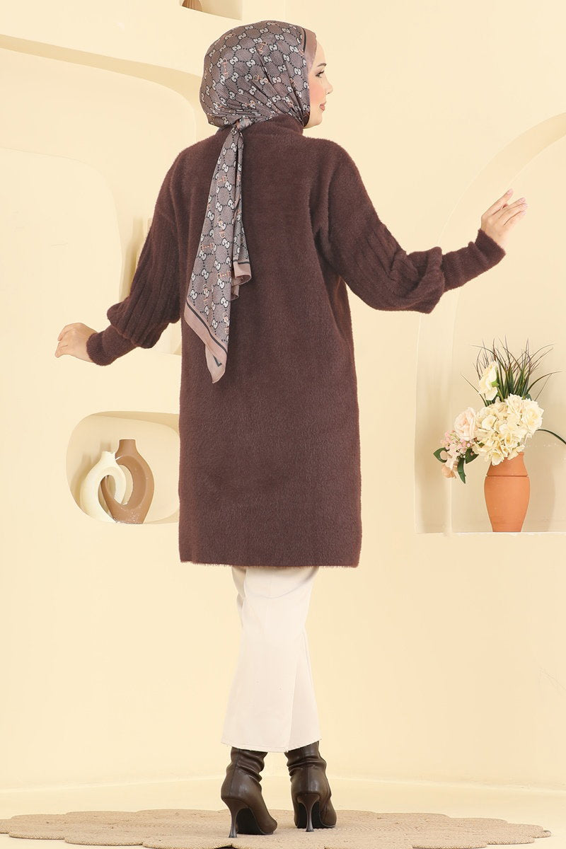 Knit Cardigan with Button Detail - Brown