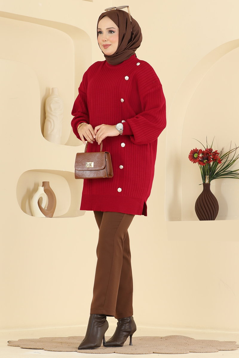 Button-Detail Knit Tunic - Red