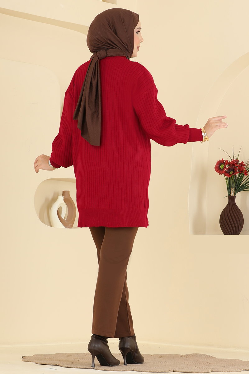 Button-Detail Knit Tunic - Red