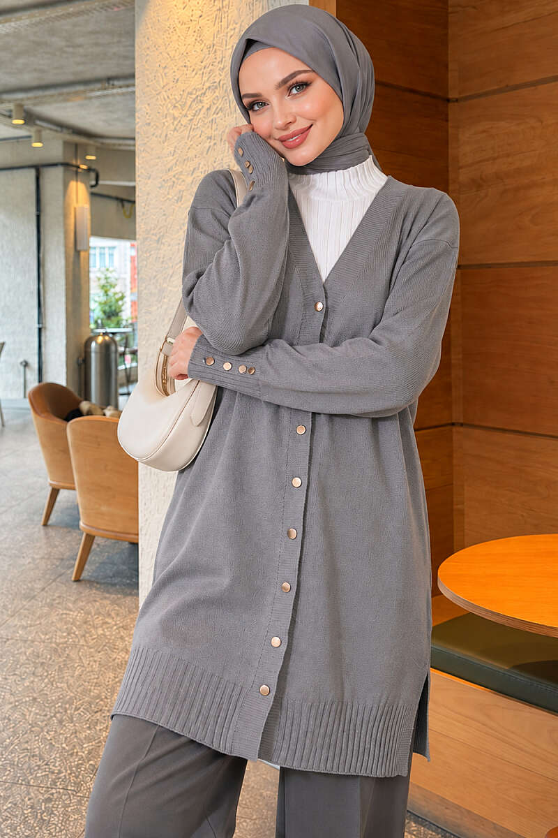 V-Neck Knit Cardigan with Button Detail - Grey