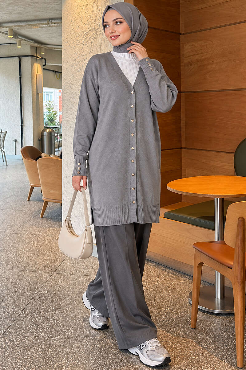 V-Neck Knit Cardigan with Button Detail - Grey