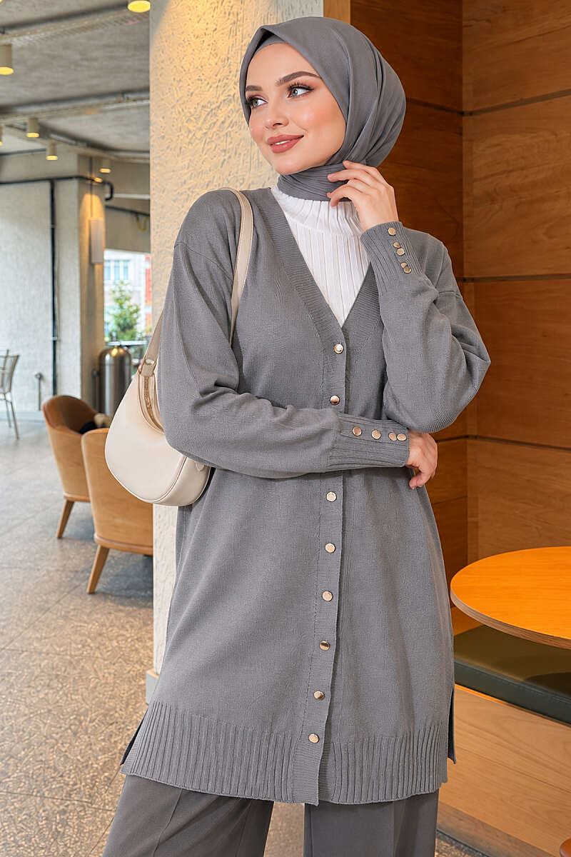 V-Neck Knit Cardigan with Button Detail - Grey
