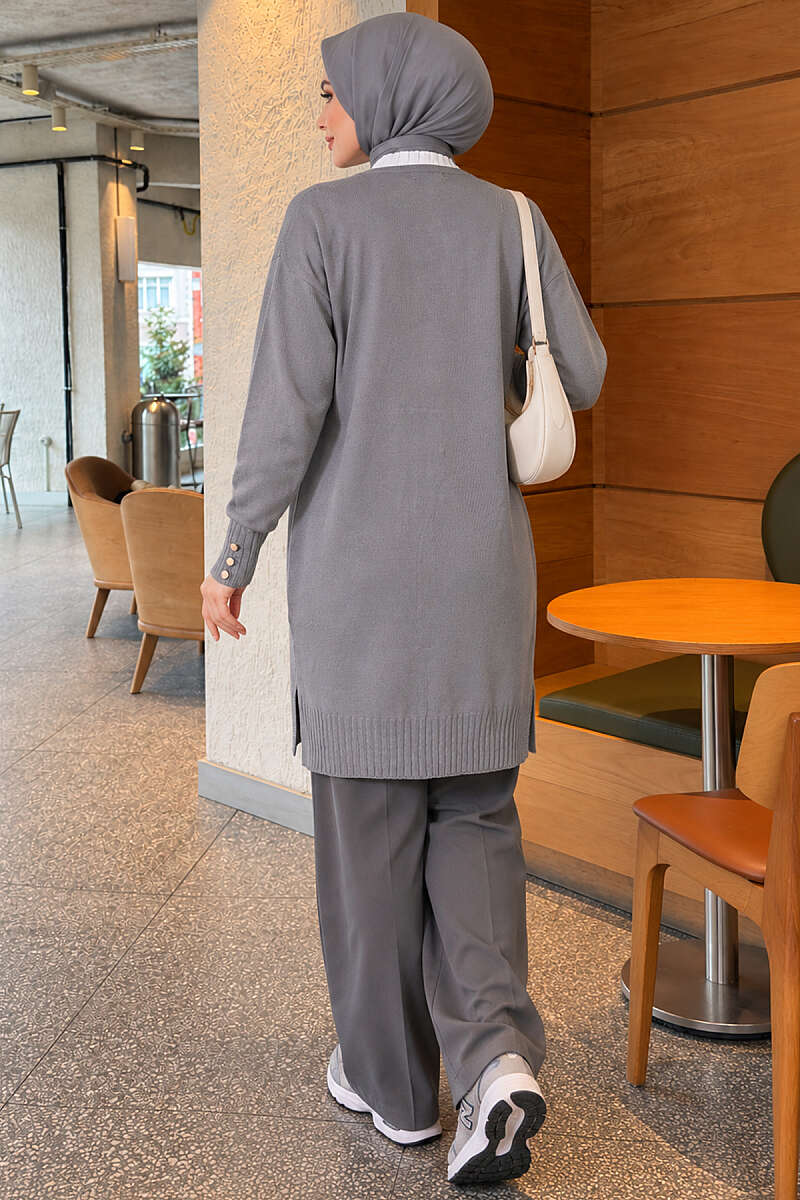 V-Neck Knit Cardigan with Button Detail - Grey
