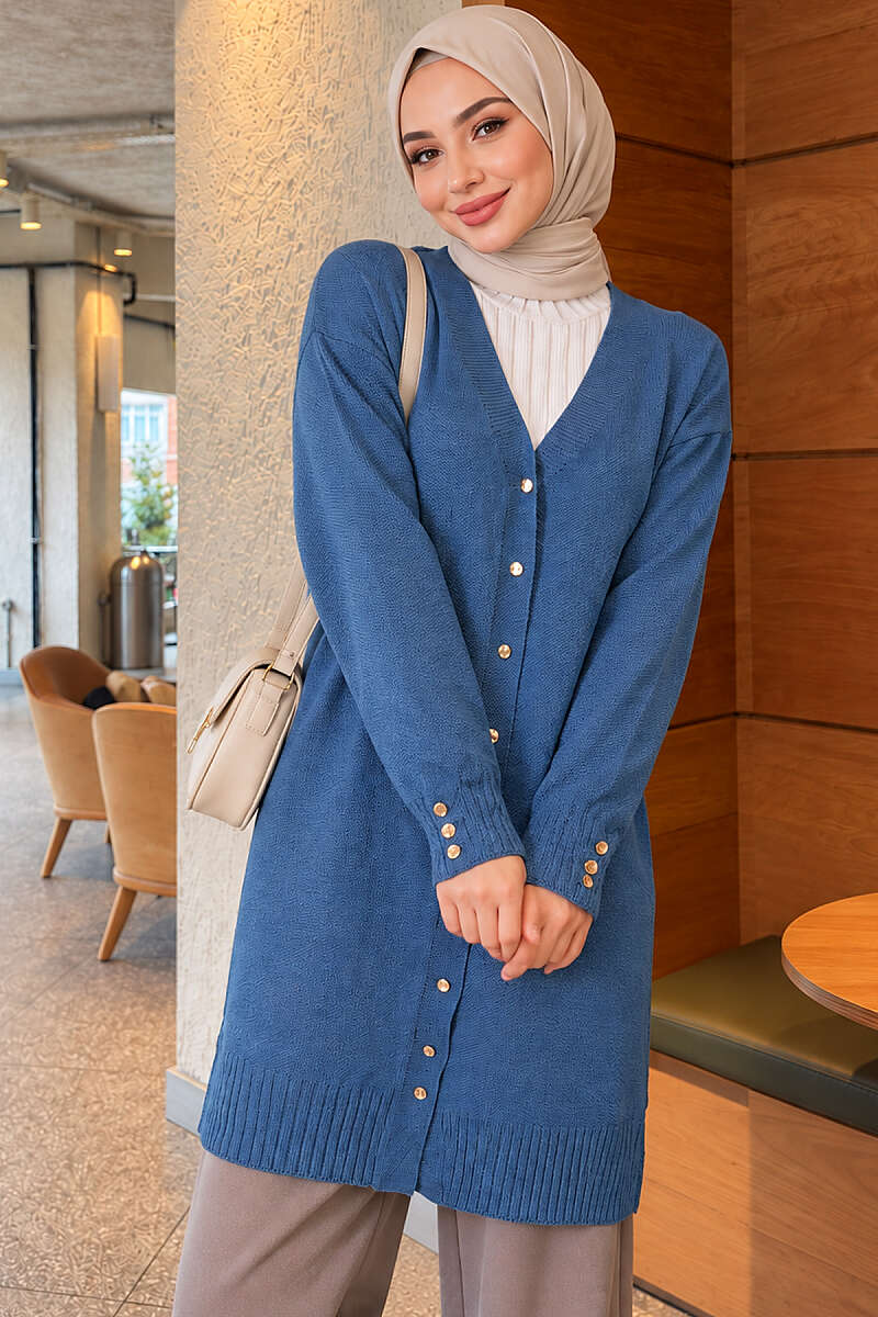 V-Neck Knit Cardigan with Button Detail - Indigo