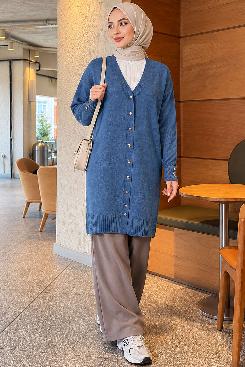 V-Neck Knit Cardigan with Button Detail - Indigo