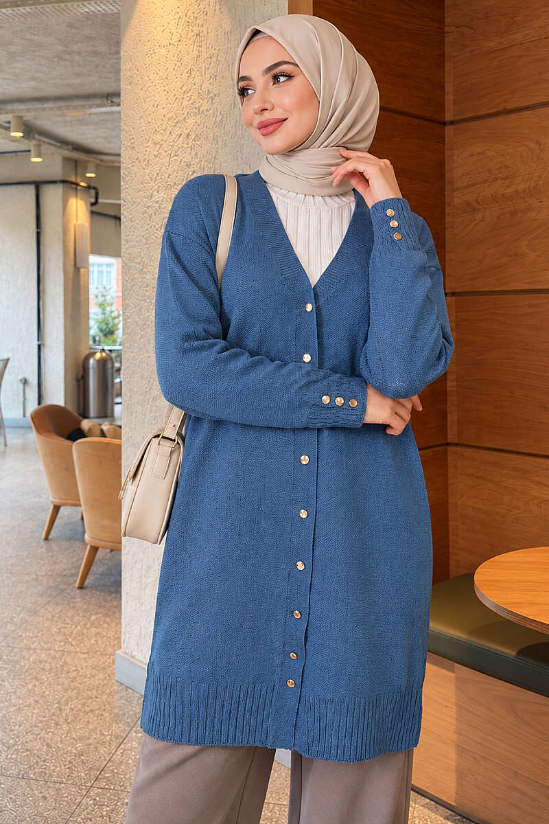 V-Neck Knit Cardigan with Button Detail - Indigo