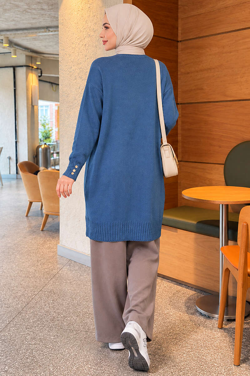 V-Neck Knit Cardigan with Button Detail - Indigo