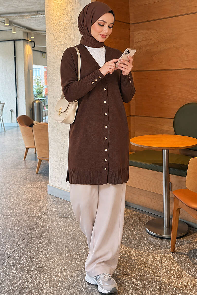 V-Neck Knit Cardigan with Button Detail - Brown