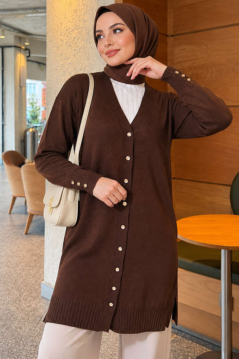 V-Neck Knit Cardigan with Button Detail - Brown