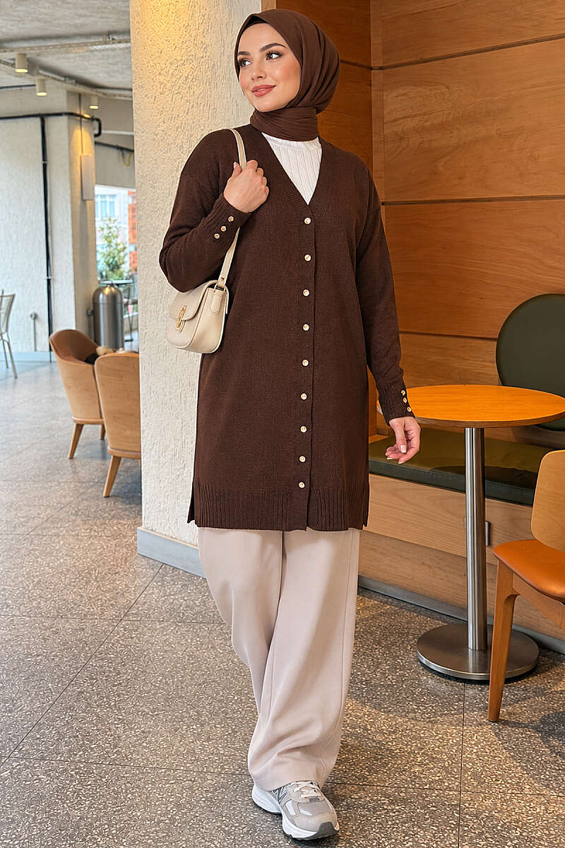 V-Neck Knit Cardigan with Button Detail - Brown