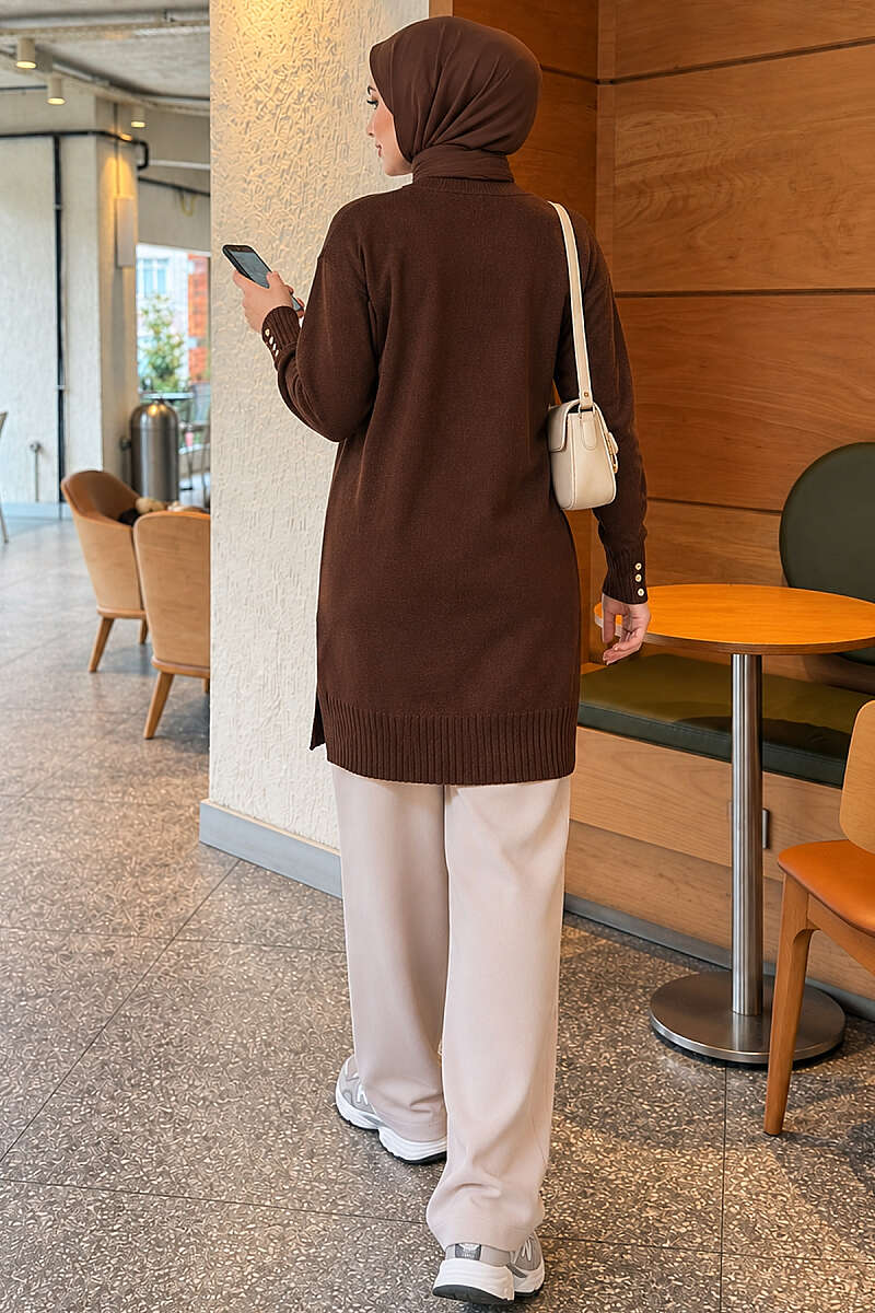 V-Neck Knit Cardigan with Button Detail - Brown
