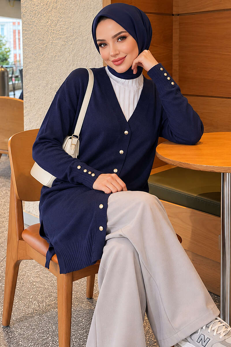 V-Neck Knit Cardigan with Button Detail - Navy