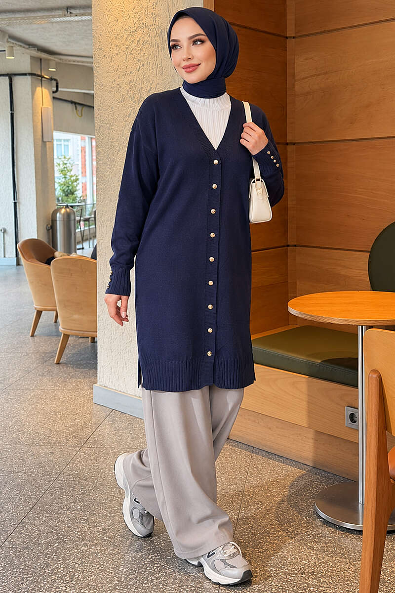 V-Neck Knit Cardigan with Button Detail - Navy