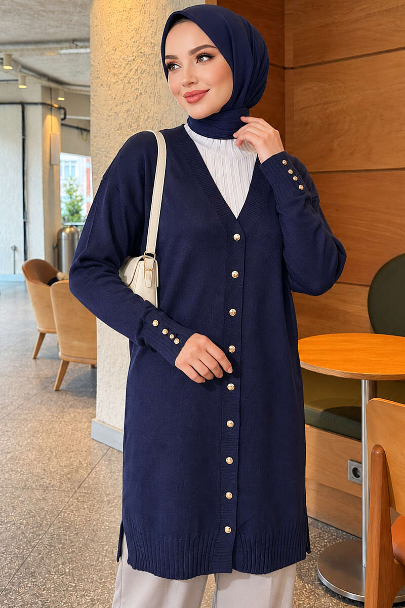 V-Neck Knit Cardigan with Button Detail - Navy