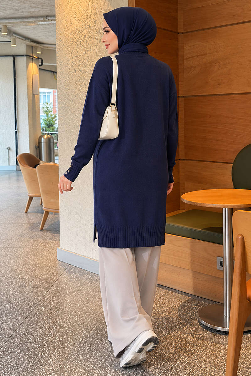 V-Neck Knit Cardigan with Button Detail - Navy