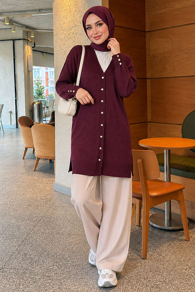 V-Neck Knit Cardigan with Button Detail - Plum