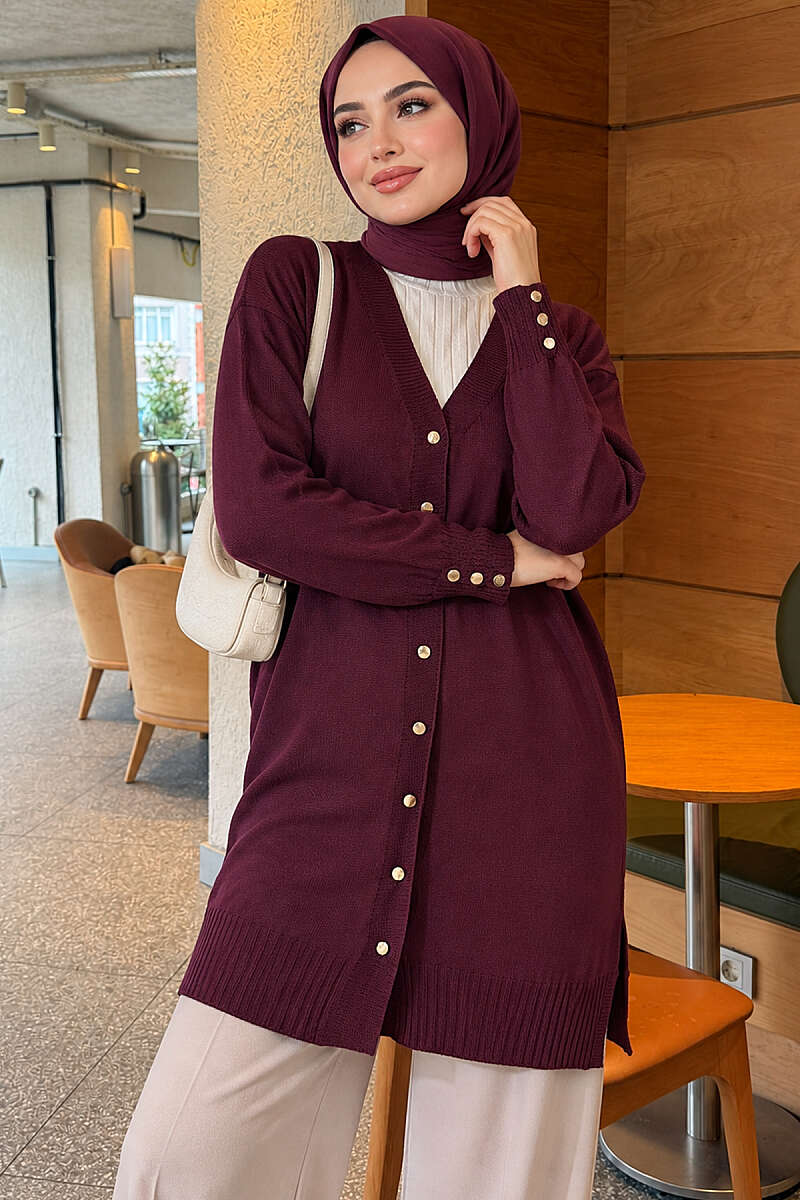 V-Neck Knit Cardigan with Button Detail - Plum