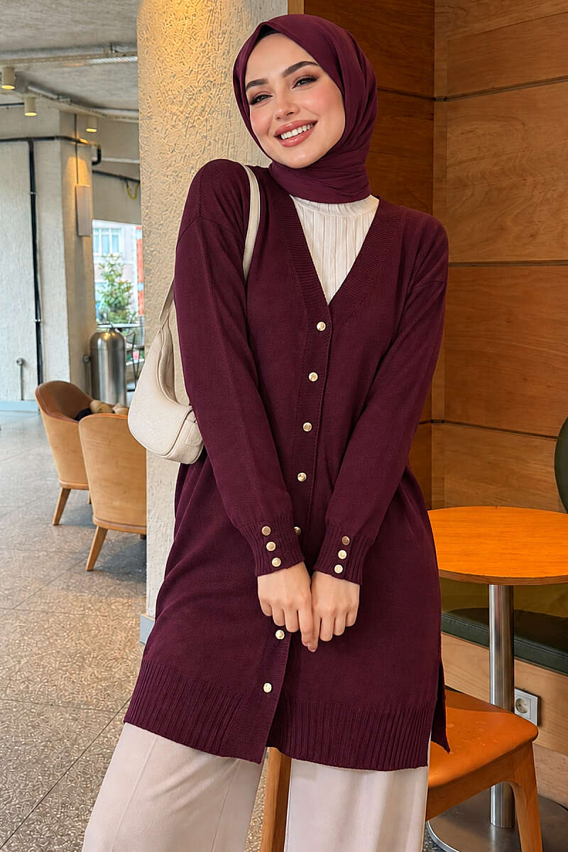 V-Neck Knit Cardigan with Button Detail - Plum