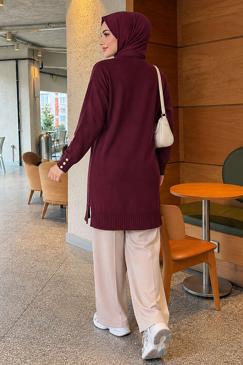 V-Neck Knit Cardigan with Button Detail - Plum