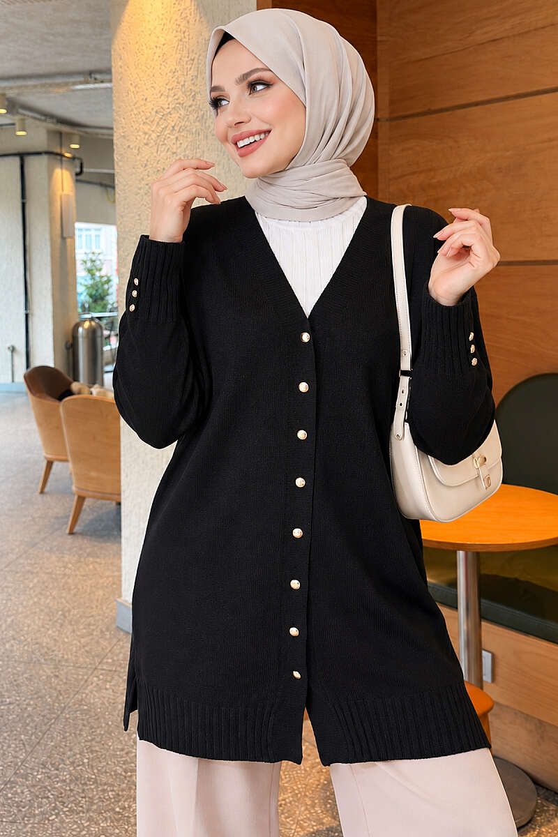 V-Neck Knit Cardigan with Button Detail - Black