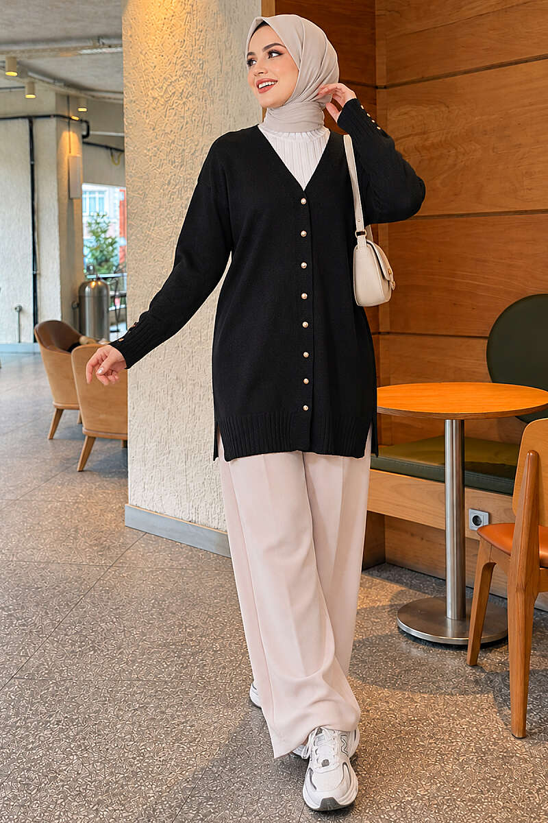V-Neck Knit Cardigan with Button Detail - Black