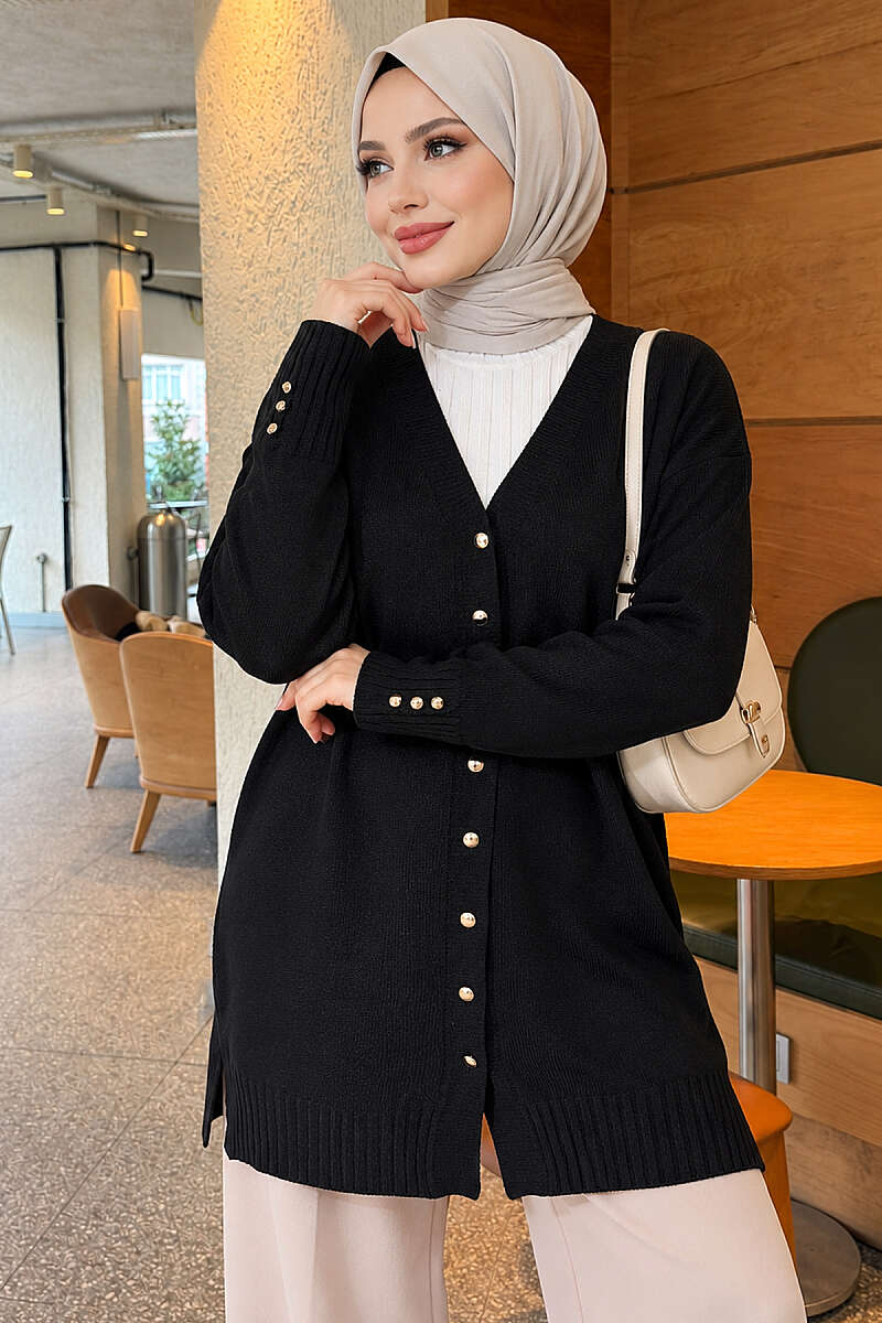 V-Neck Knit Cardigan with Button Detail - Black
