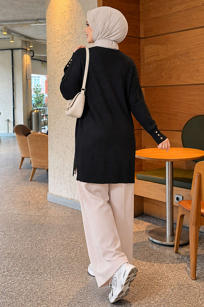 V-Neck Knit Cardigan with Button Detail - Black