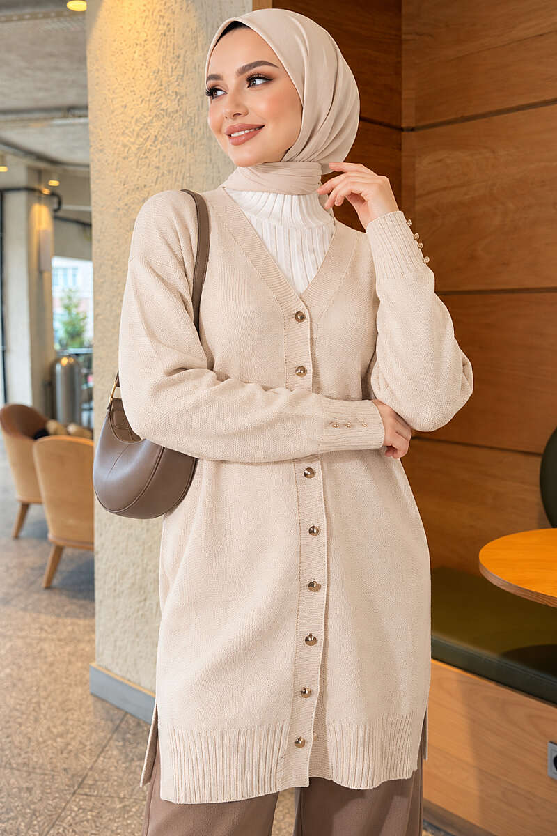V-Neck Knit Cardigan with Button Detail - Stone