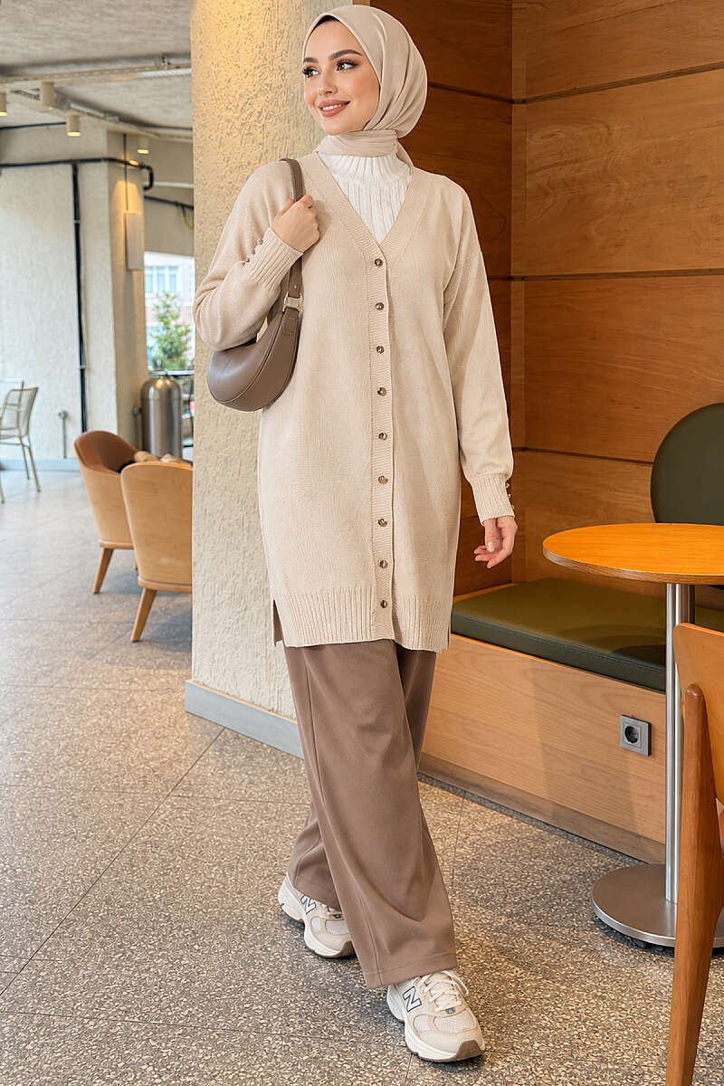 V-Neck Knit Cardigan with Button Detail - Stone