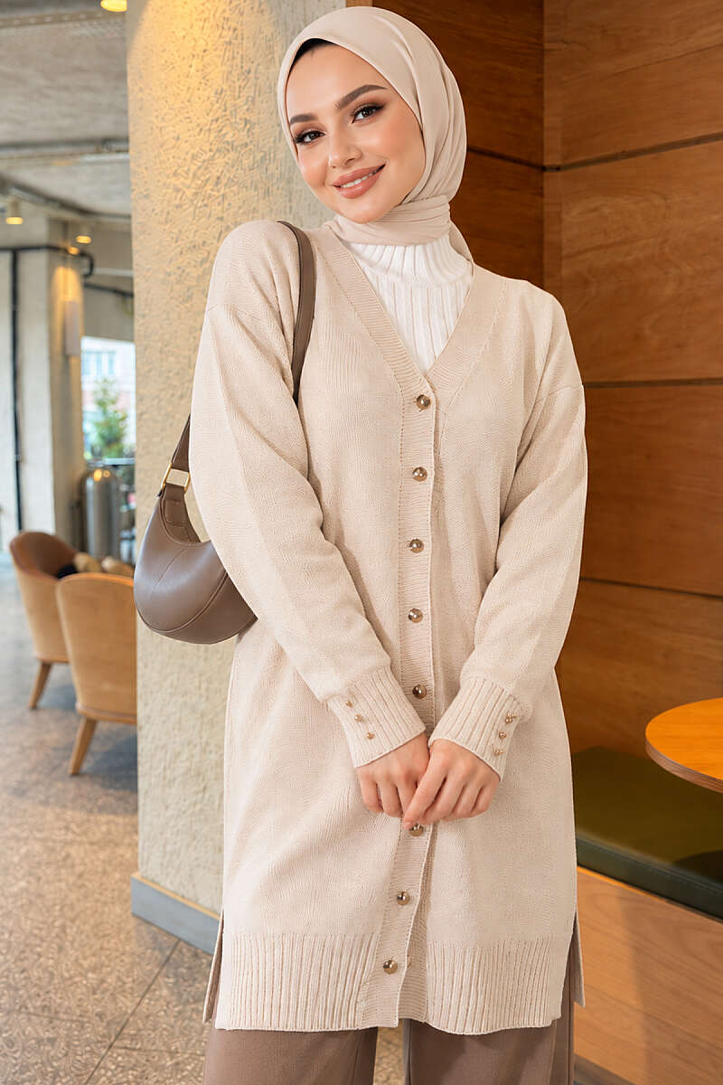 V-Neck Knit Cardigan with Button Detail - Stone