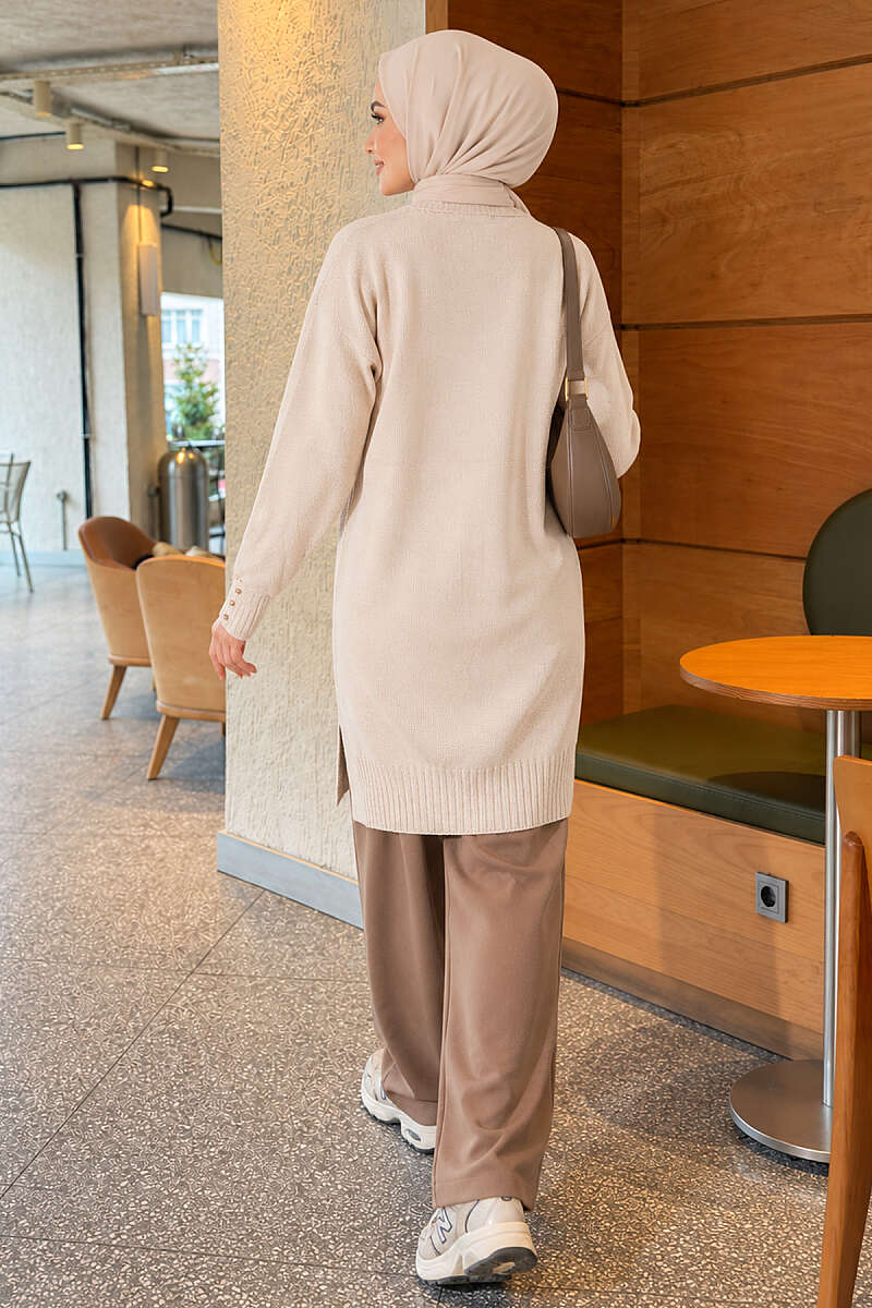 V-Neck Knit Cardigan with Button Detail - Stone