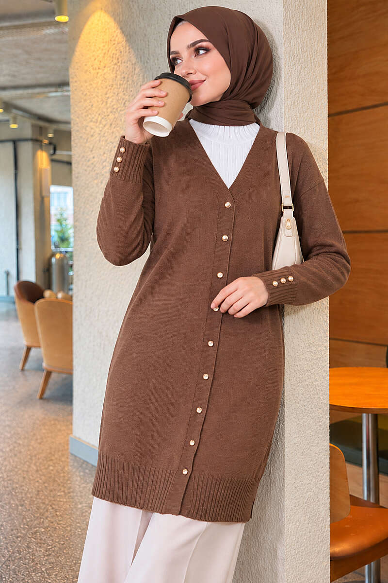 V-Neck Knit Cardigan with Button Detail - Mink