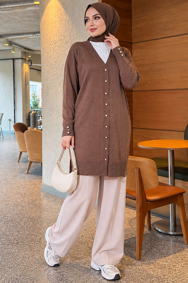 V-Neck Knit Cardigan with Button Detail - Mink