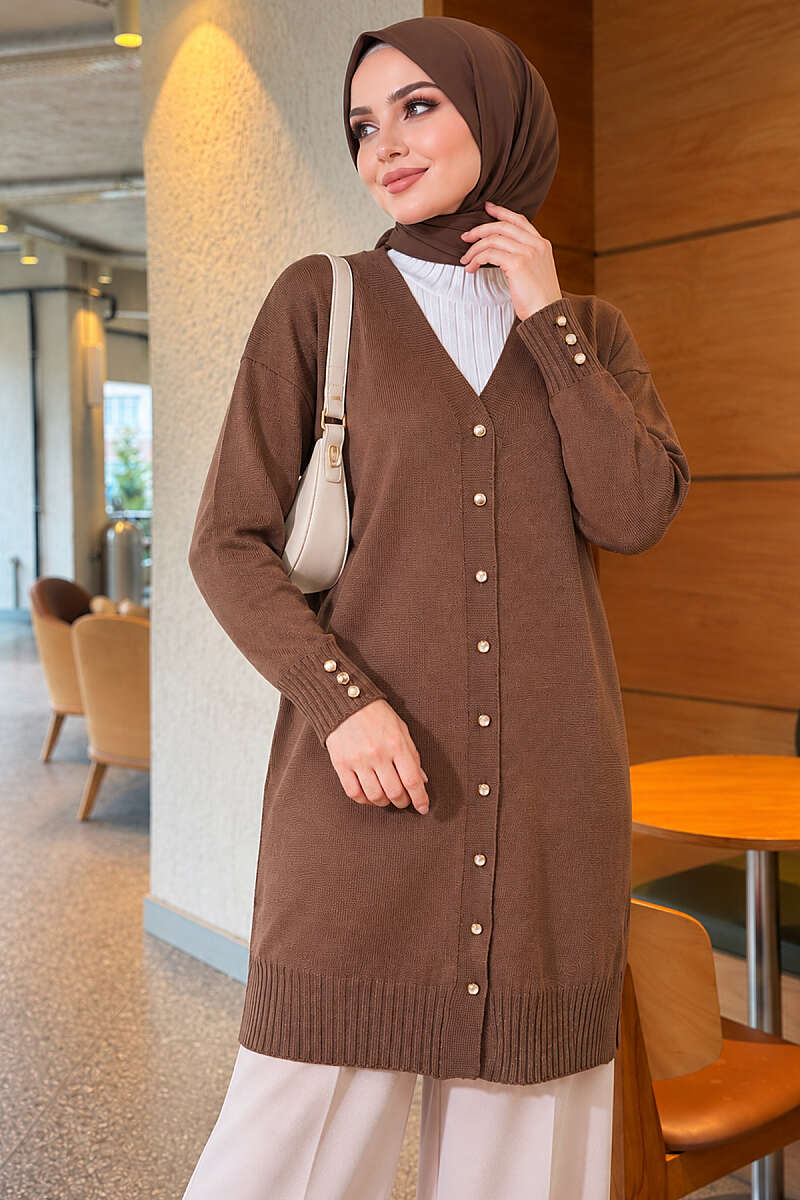 V-Neck Knit Cardigan with Button Detail - Mink