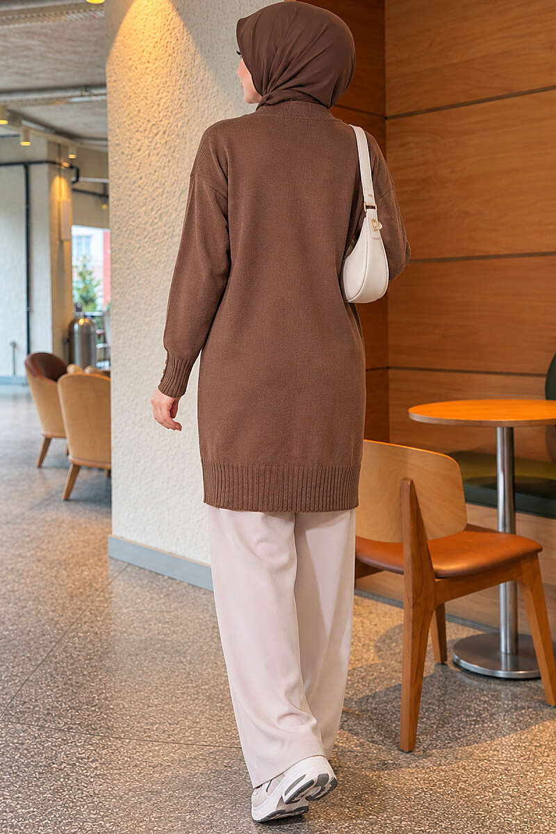V-Neck Knit Cardigan with Button Detail - Mink