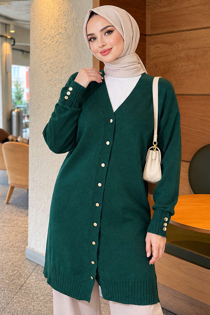 V-Neck Knit Cardigan with Button Detail - Emerald