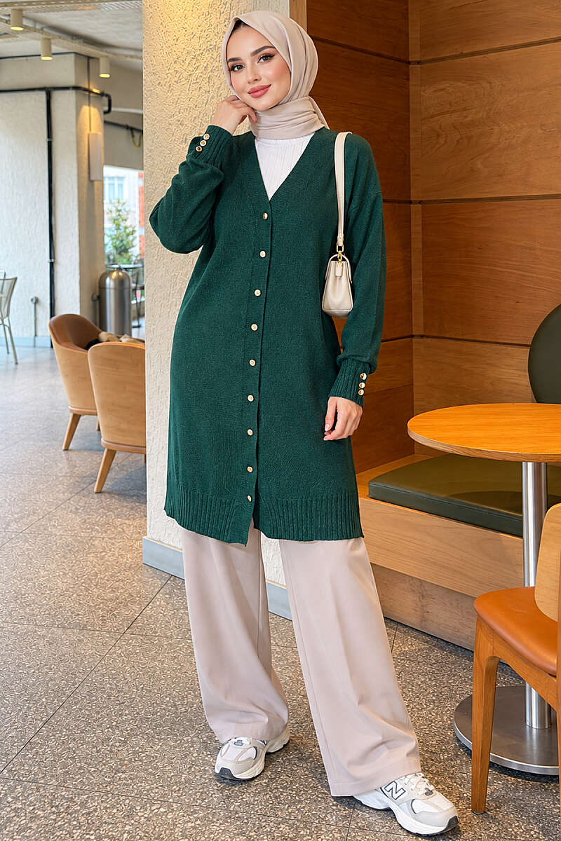 V-Neck Knit Cardigan with Button Detail - Emerald