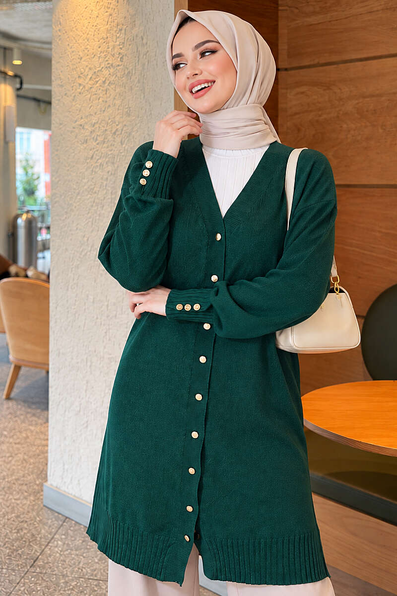 V-Neck Knit Cardigan with Button Detail - Emerald