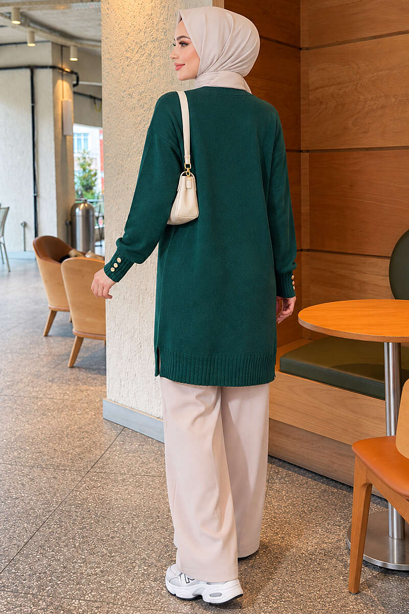 V-Neck Knit Cardigan with Button Detail - Emerald