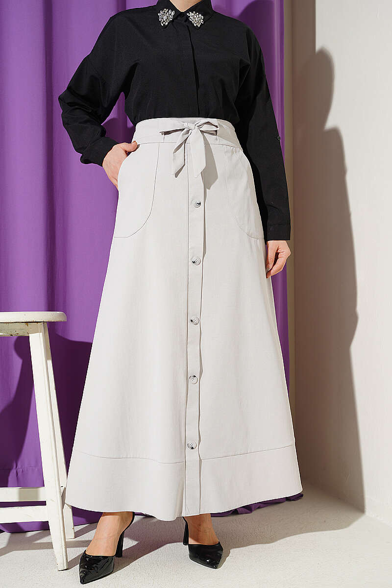 Tie Skirt with Faux Buttons - Grey